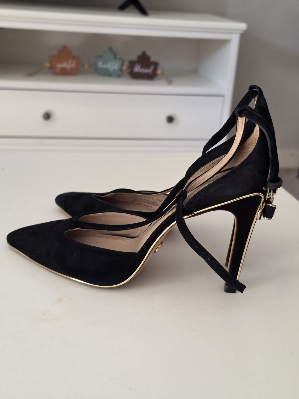 Tory Burch Belleville Black Suede Pointed Toe Ankle Tie Heels with Gold Trim